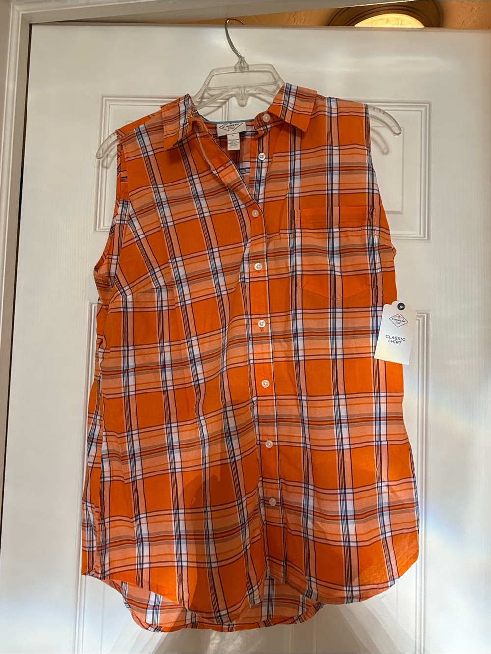St. John’s Bay Orange Plaid Button Up Sleeveless Shirt with Pocket Size L NWT